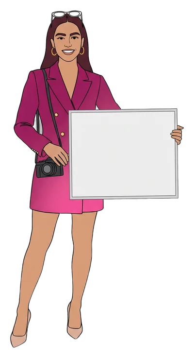 Valeria Ruiz, the drawn guide, holds a board for Grand Villa Casino. Her board reads: Hotel on site.