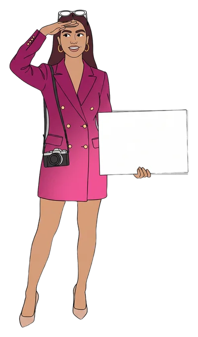 Valeria Ruiz, the site's drawn guide, shades her eyes toward the marked photo of Elements Casino Surrey and holds a board. Her board reads: Former Fraser Downs grandstand.