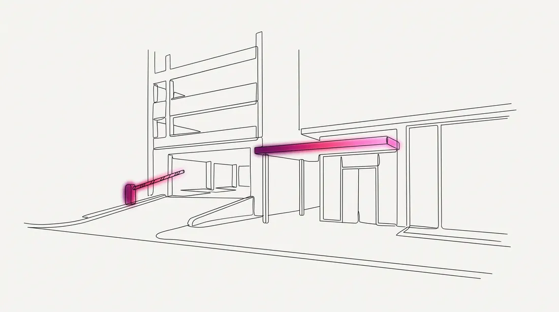 Line drawing of a parkade entrance with a barrier arm and a covered walkway to a glass door